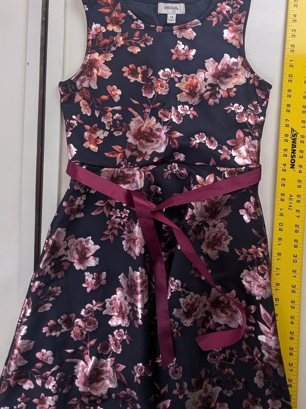 Speechless Navy Dress with Pink Floral Velvet and Magenta Sash